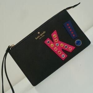Kate Spade Hartley Lane Leila Black Leather Clutch Wristlet Monogram "K"
